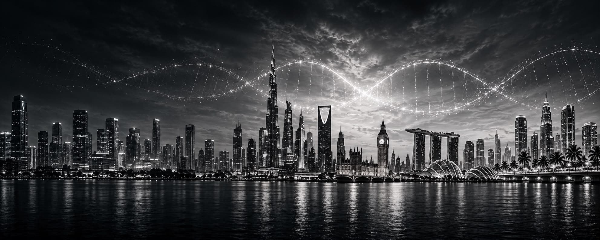 Global city skyline with a DNA helix